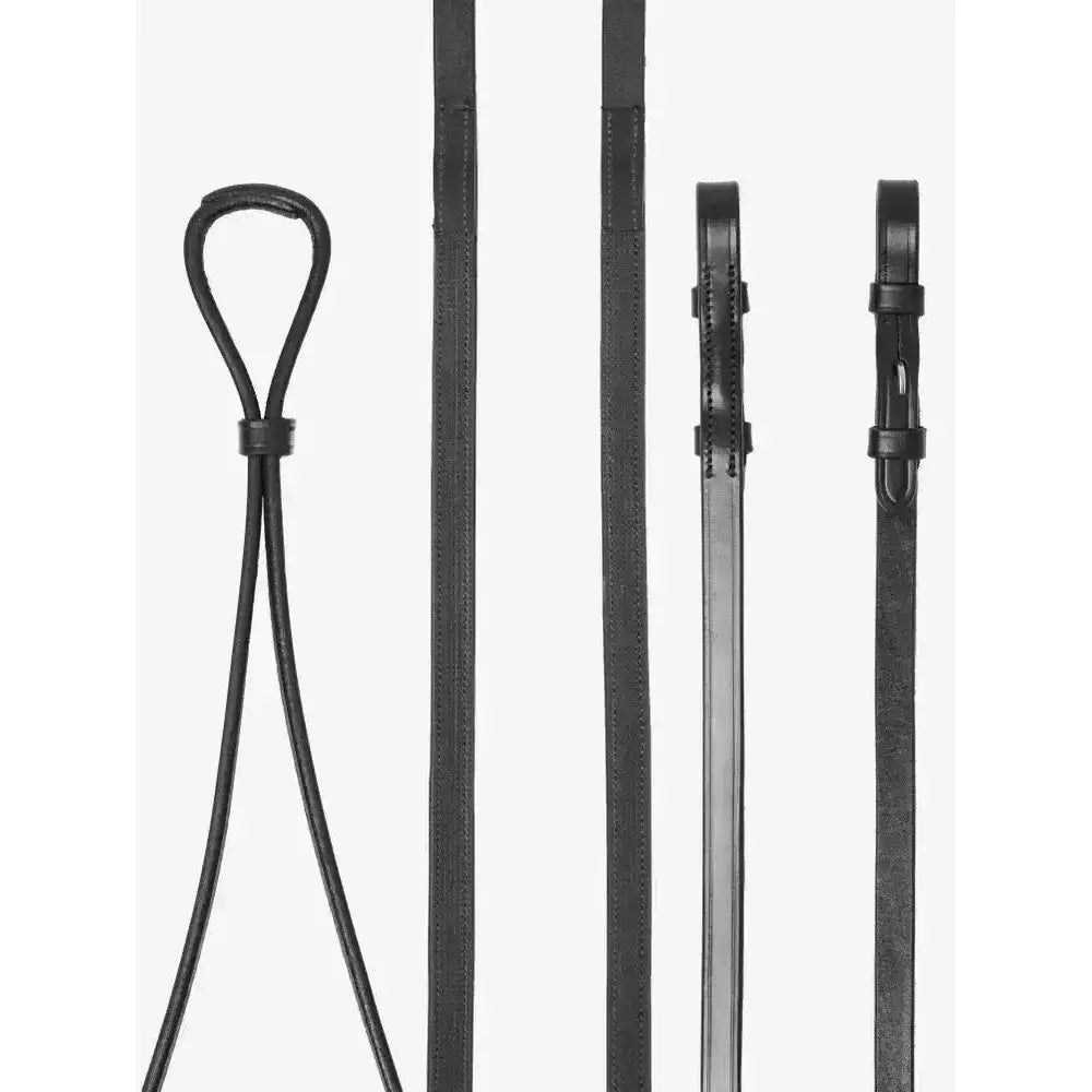 Black leather lemieux hunter half lined curb reins black silver with looped handle and multiple attachment ends