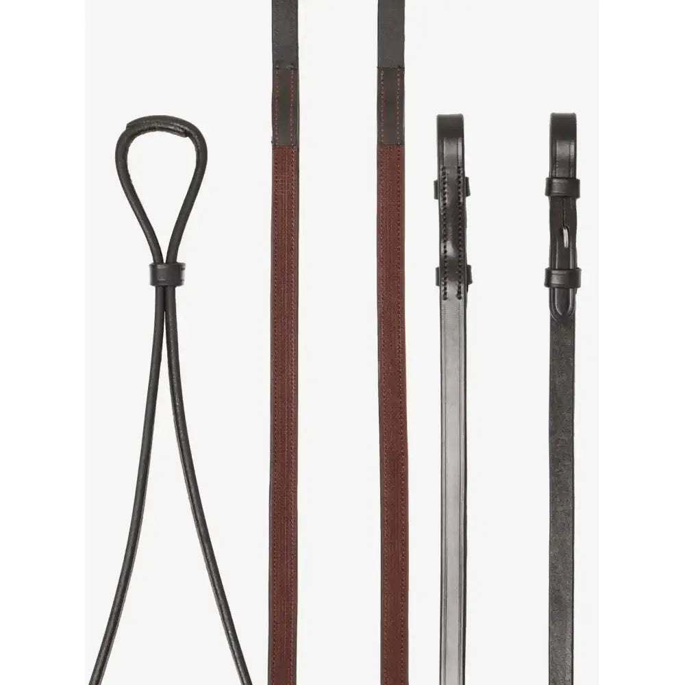 Black and brown leather riding crop with looped handle lemieux hunter half lined curb rein havana silver