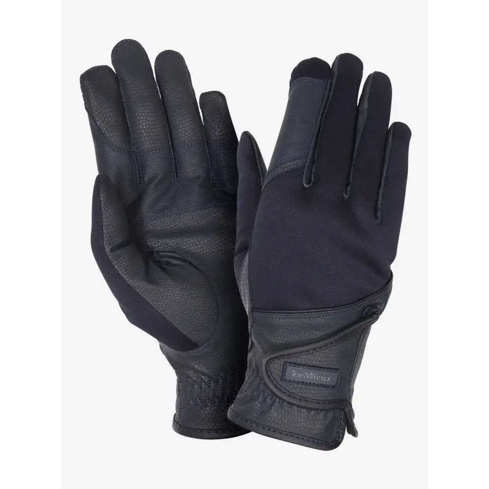 Back of lemieux hybrid riding gloves navy made of black leather with touchscreen palm and kwikfit label on wrist