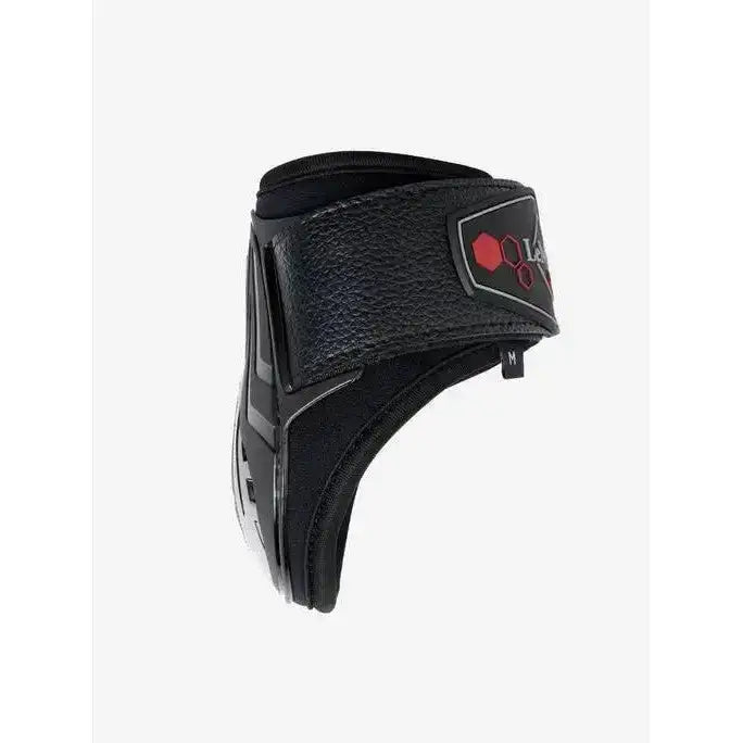 Black leather lemieux impact compliant fetlock boot with red and gray logo patch and moulded protective strike design