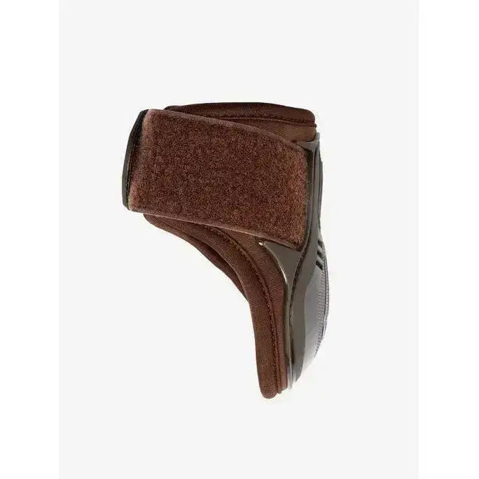 Brown lemieux impact compliant fetlock boots with velcro strap and black plastic side panel for protection