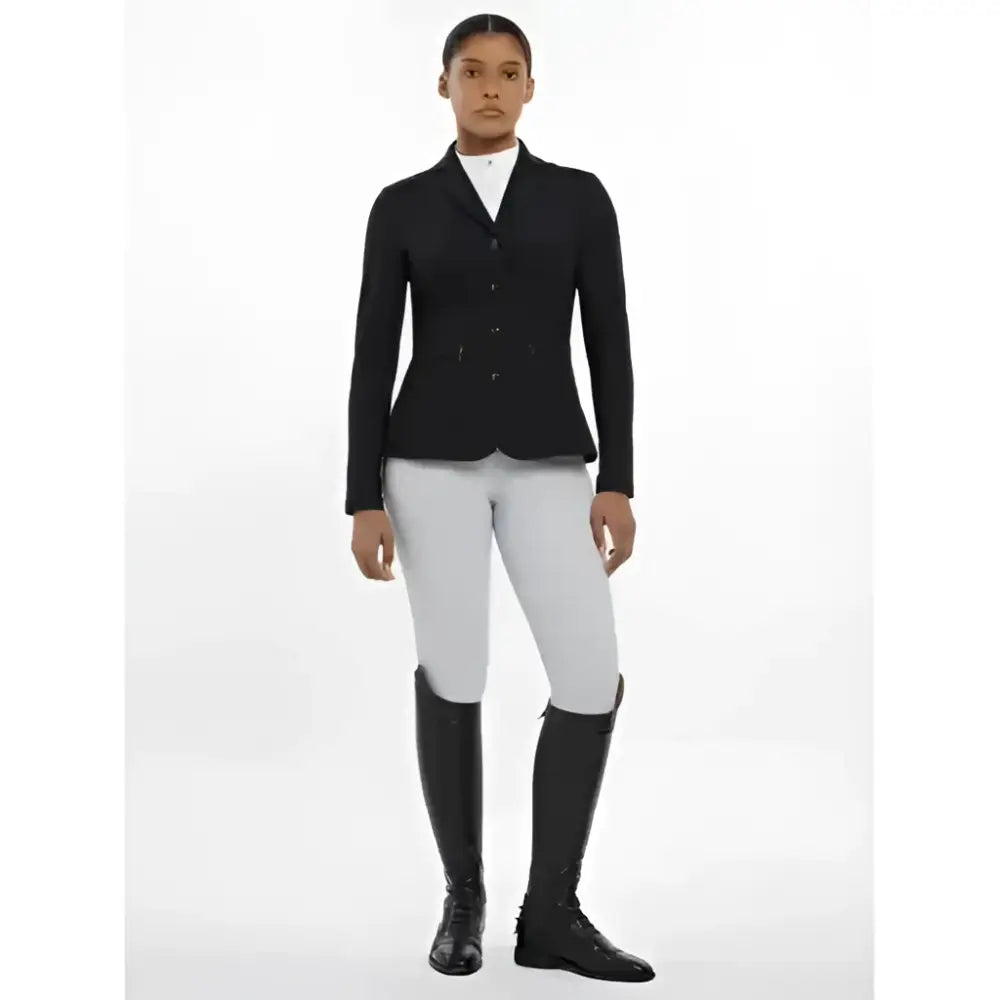 Black fitted lemieux jessica mesh show jacket with button closure and subtle side pockets perfect for riding