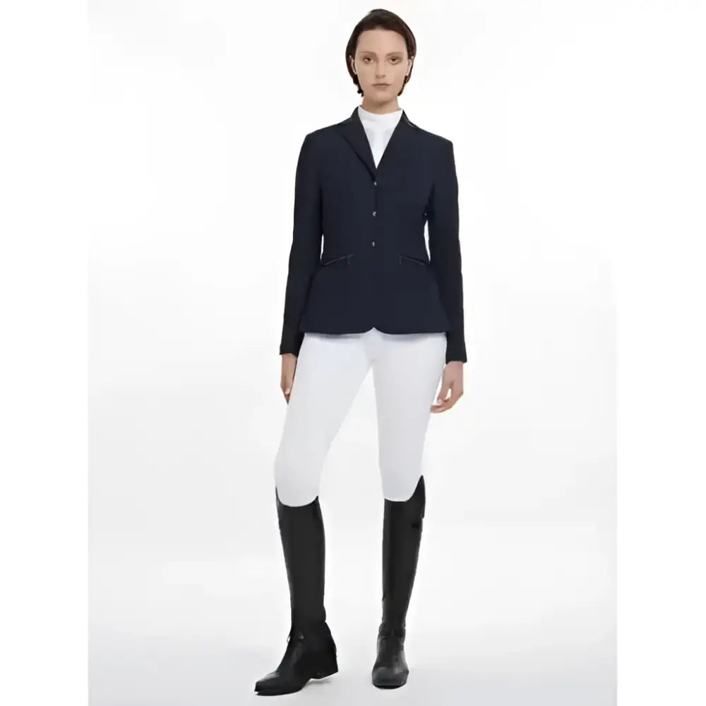 Black lemieux jessica mesh tailored equestrian jacket with three buttons and flap pockets for show riding