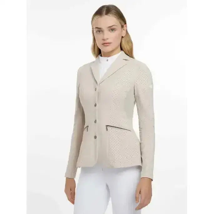 Beige lemieux jessica mesh show jacket stone with subtle textured pattern and black zipper accents for riding
