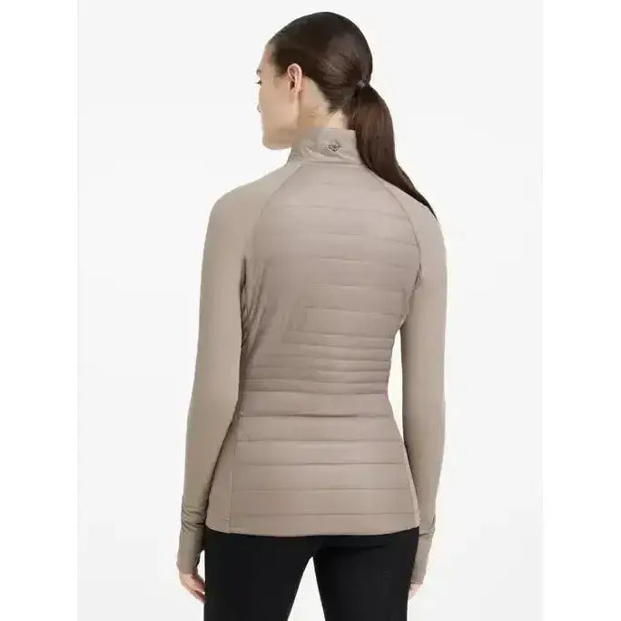 Beige quilted long sleeve performance lemieux juliette jacket pecan with high collar and subtle brand logo at neckline