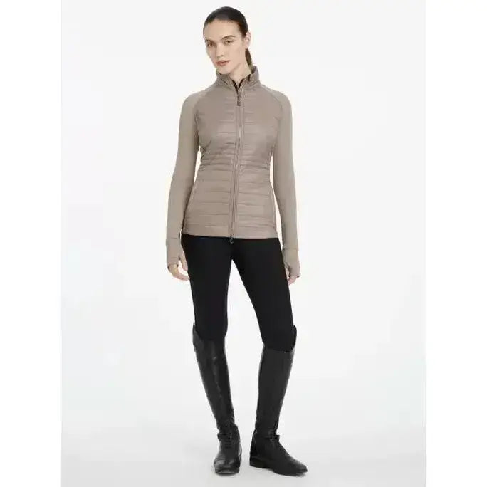 Beige quilted lemieux juliette jacket pecan with long sleeves high collar and zip-up front perfect for cool days