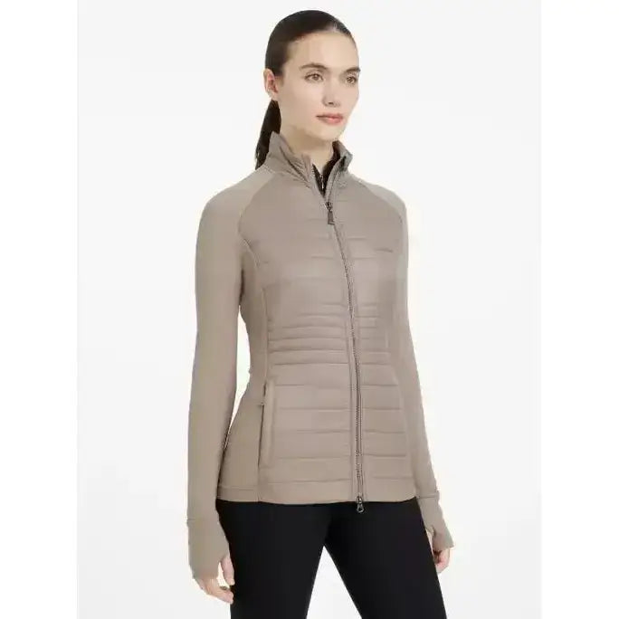 Beige quilted zip-up athletic jacket with long sleeves and high collar lemieux juliette jacket pecan style