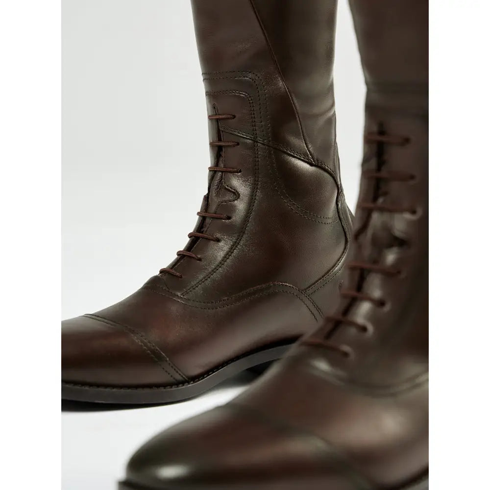 Brown leather lemieux junior field riding boots with durable ykk zip laces and elastic calf gussets for comfort