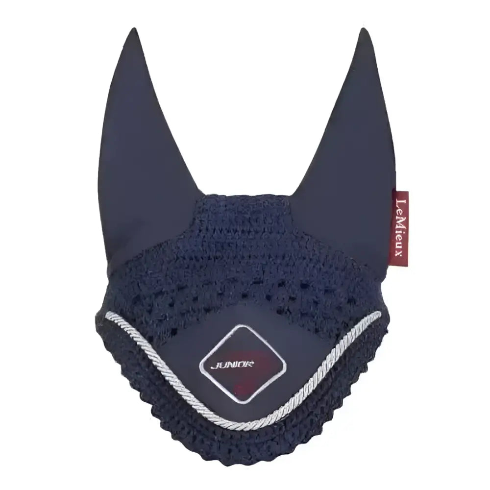 Navy blue knitted lemieux junior pro fly hood with white trim and diamond shaped junior patch for horses
