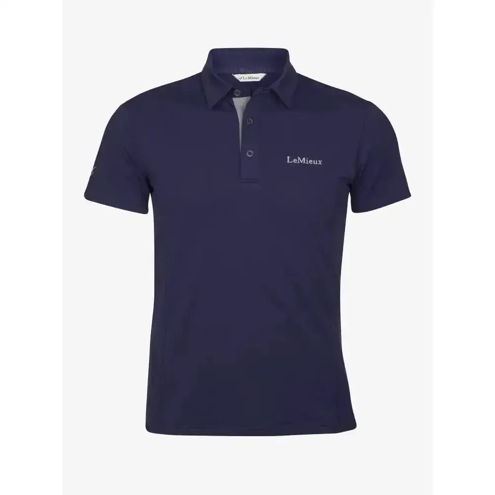 Navy lemieux junior pro polo shirt with white embroidery gray inner collar made from quick-drying pique fabric perfect for young riders