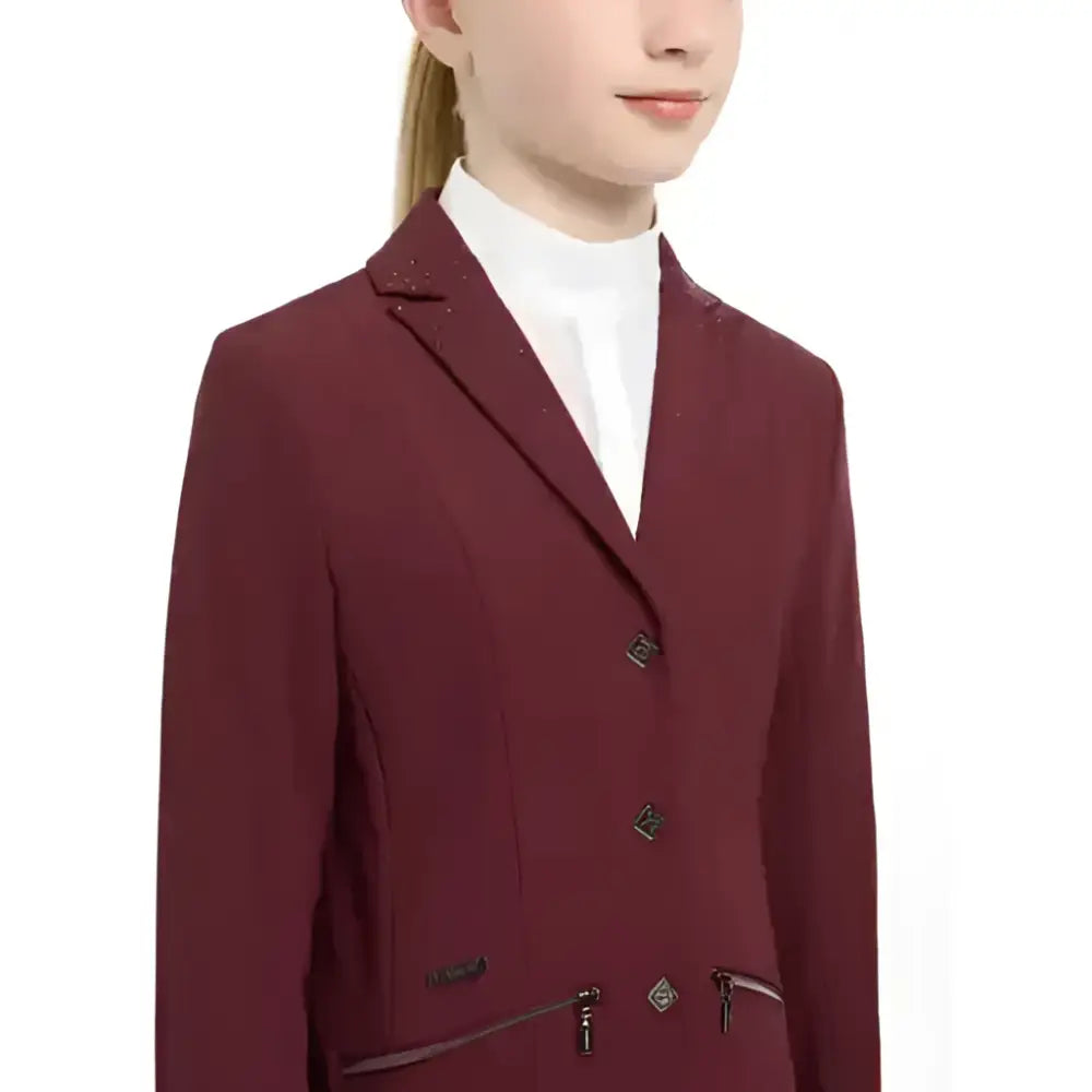 LeMieux junior pro show jacket burgundy with tailored fit, side pockets, and sophisticated crystal details on lapels and buttons