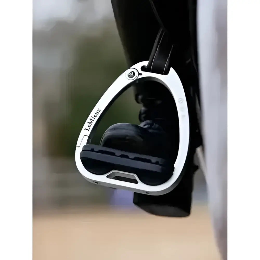 Silver lemieux junior vector balance stirrup aluminium with black rubber footpad and brown leather strap for juniors