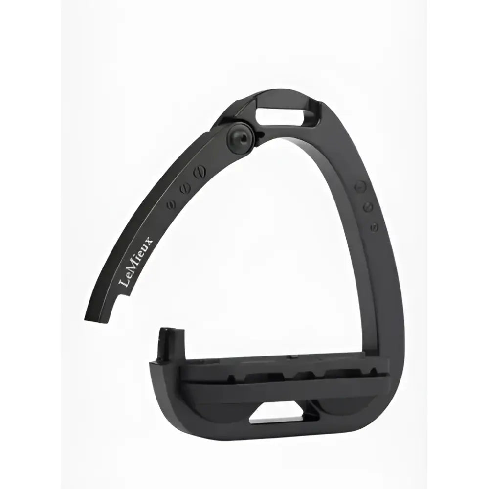 Black lemieux junior vector balance stirrup with sleek metal design and adjustable strap for a technically advanced junior rider