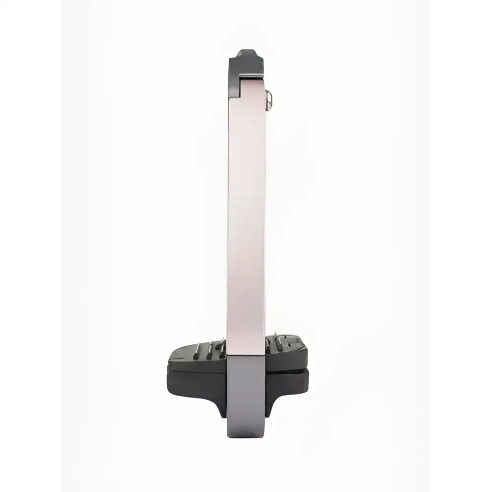 Silver metallic keyboard stand with black rubber base and footrest for lemieux junior vector balance stirrup rose gold