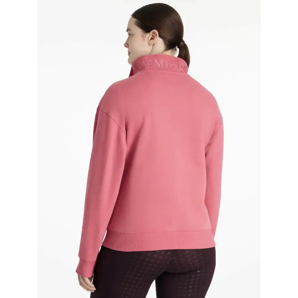 Pink lemieux keira quarter zip sweat cranberry with high neck zip and embroidered emifu branding on collar