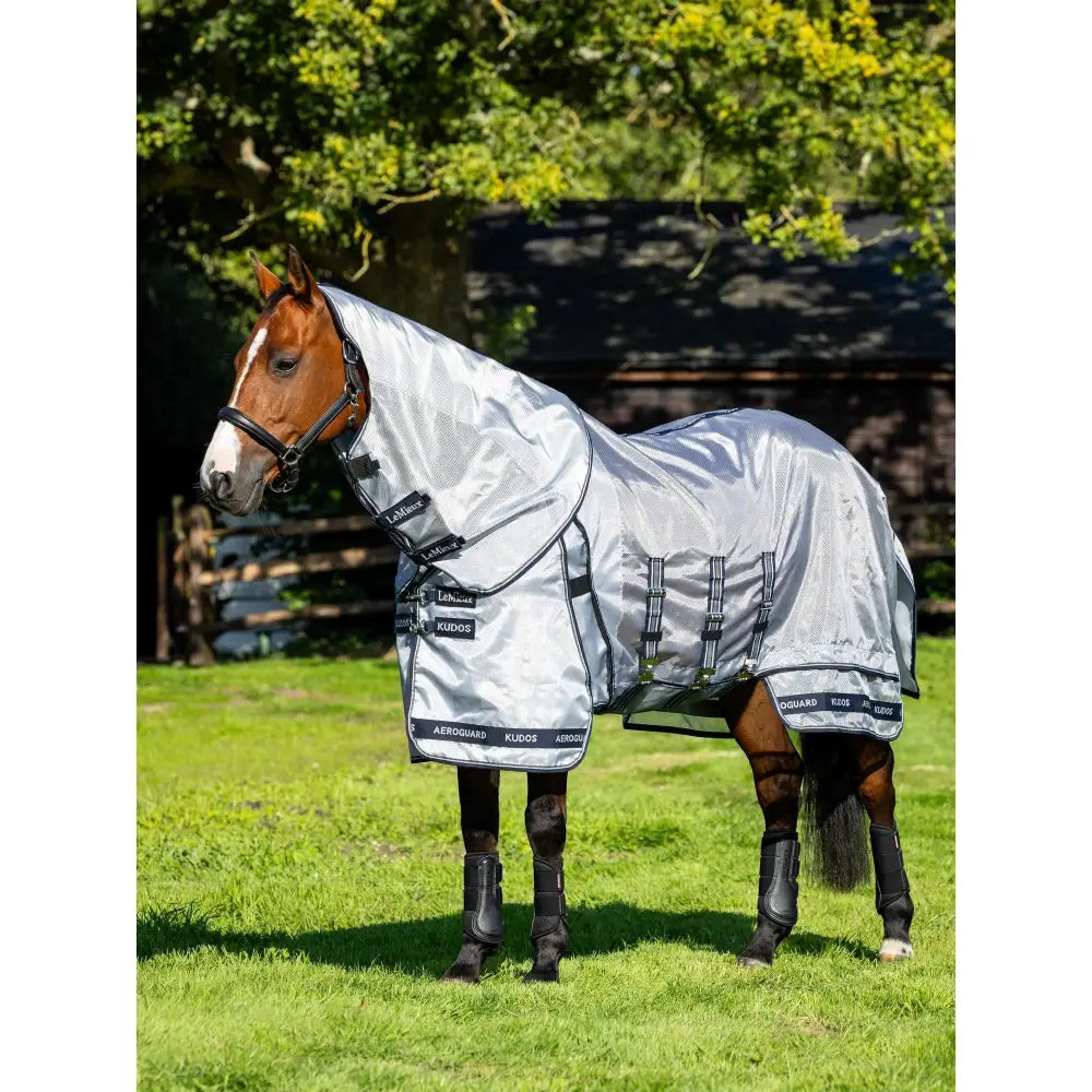 Silver reflective lemieux kudos aeroguard fly rug with black trim and adjustable straps featuring intelligent power-form
