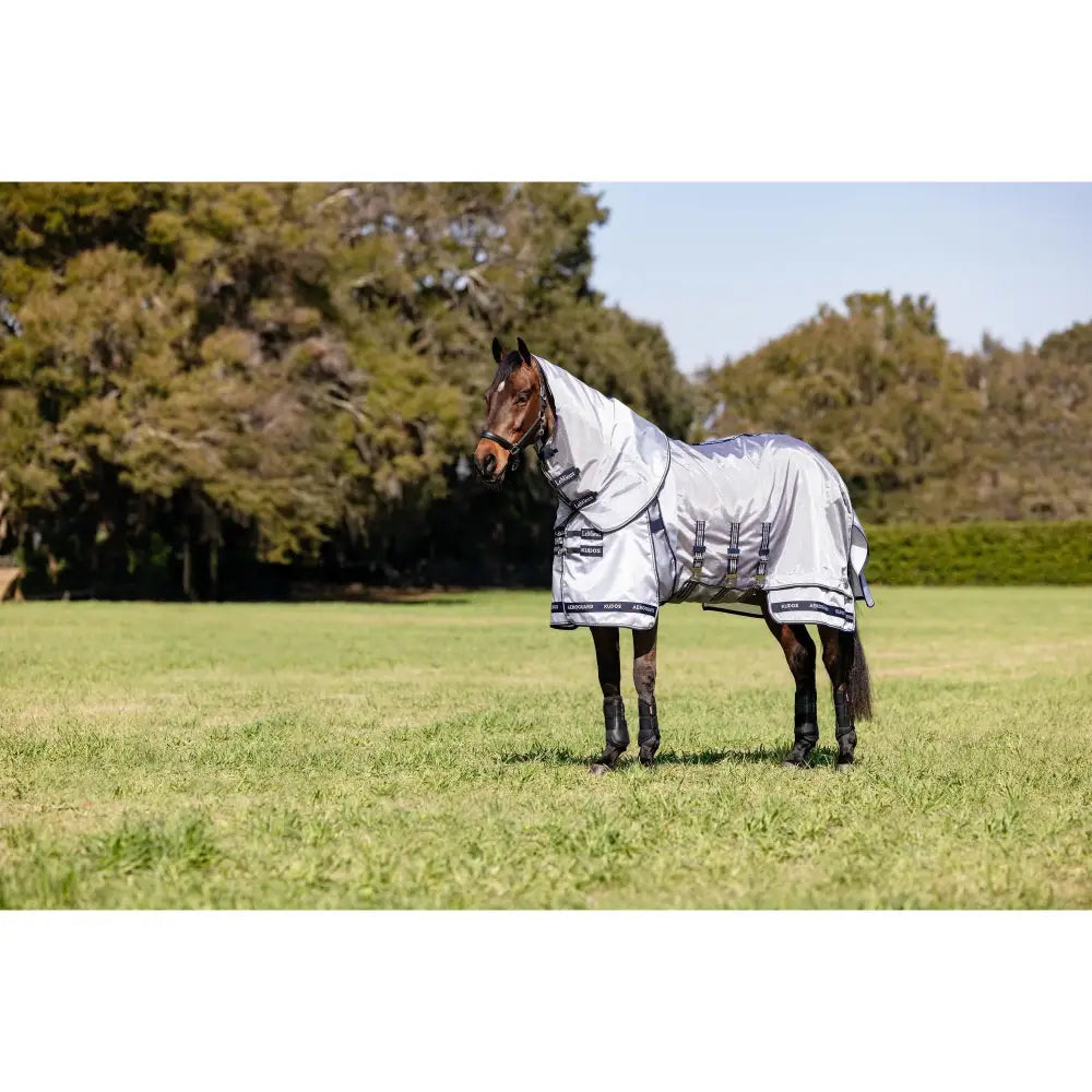 Silver lemieux kudos aeroguard fly rug with black trim and adjustable straps featuring intelligent power-form design