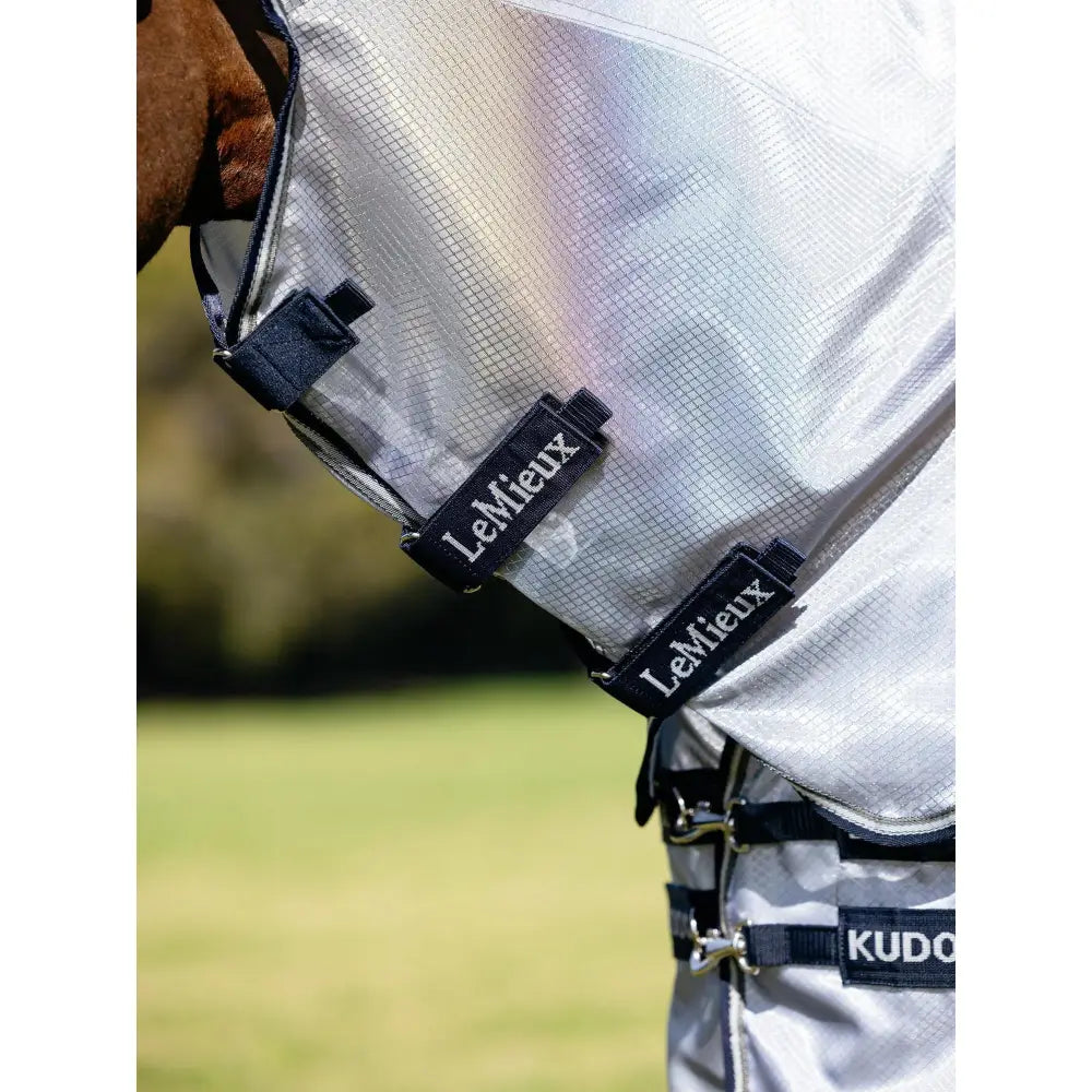 Silver iridescent lemieux kudos aeroguard horse fly mask with black straps and intelligent power-form design