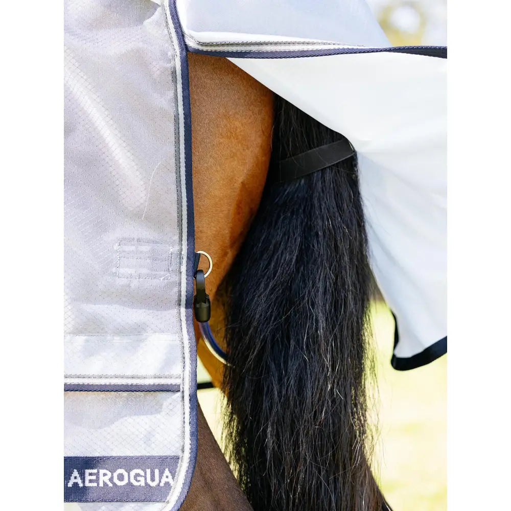 White leMieux Kudos AeroGuard fly rug with silver reflective panels navy blue trim and intelligent power-form design