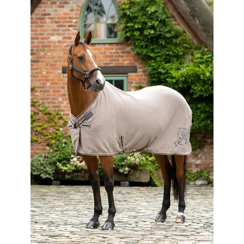 Beige textured lemieux kudos bamboo cooler pecan horse blanket with black trim silver hardware and logo on the side