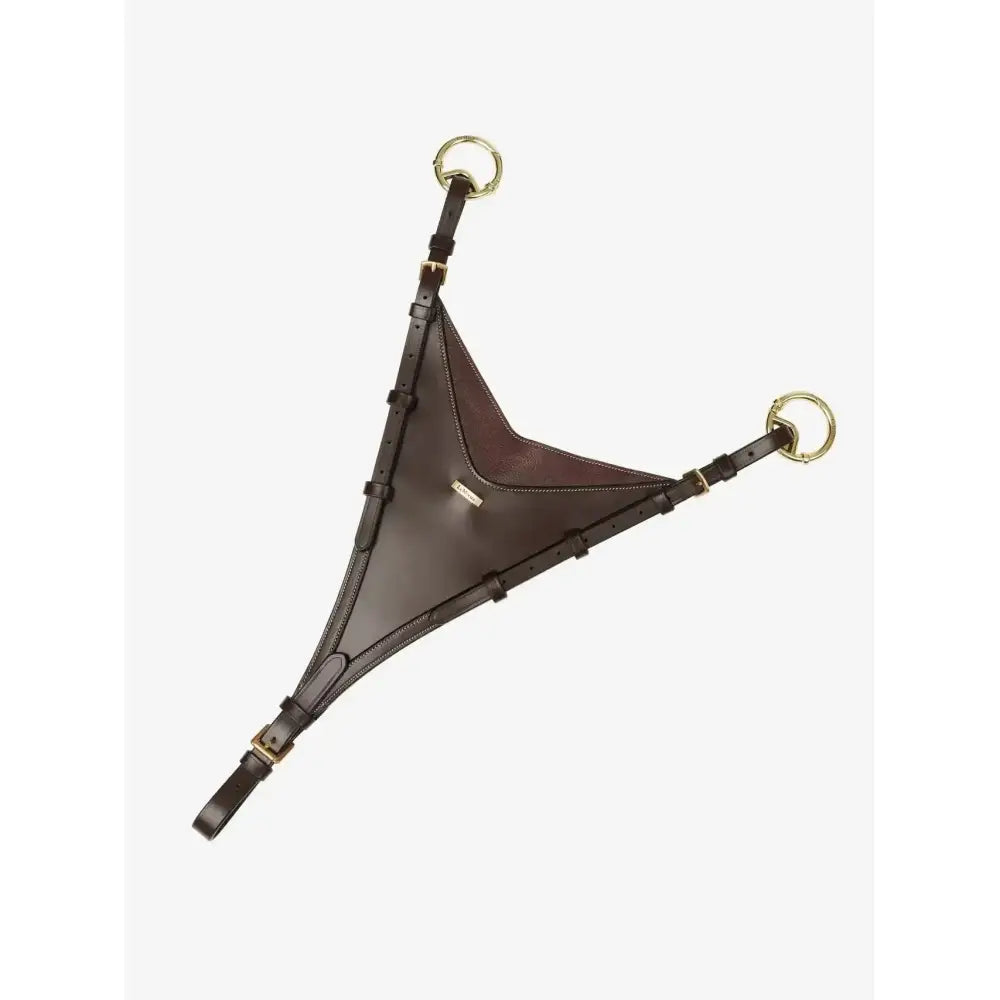 Dark brown leather lemieux kudos bib martingale with brass rings and adjustable straps in havana color