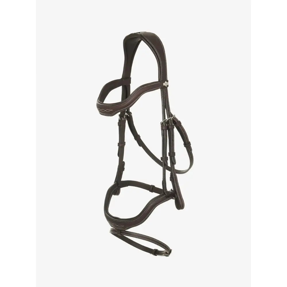 Black leather lemieux kudos contour flash bridle with silver stitching and metallic hardware in brown