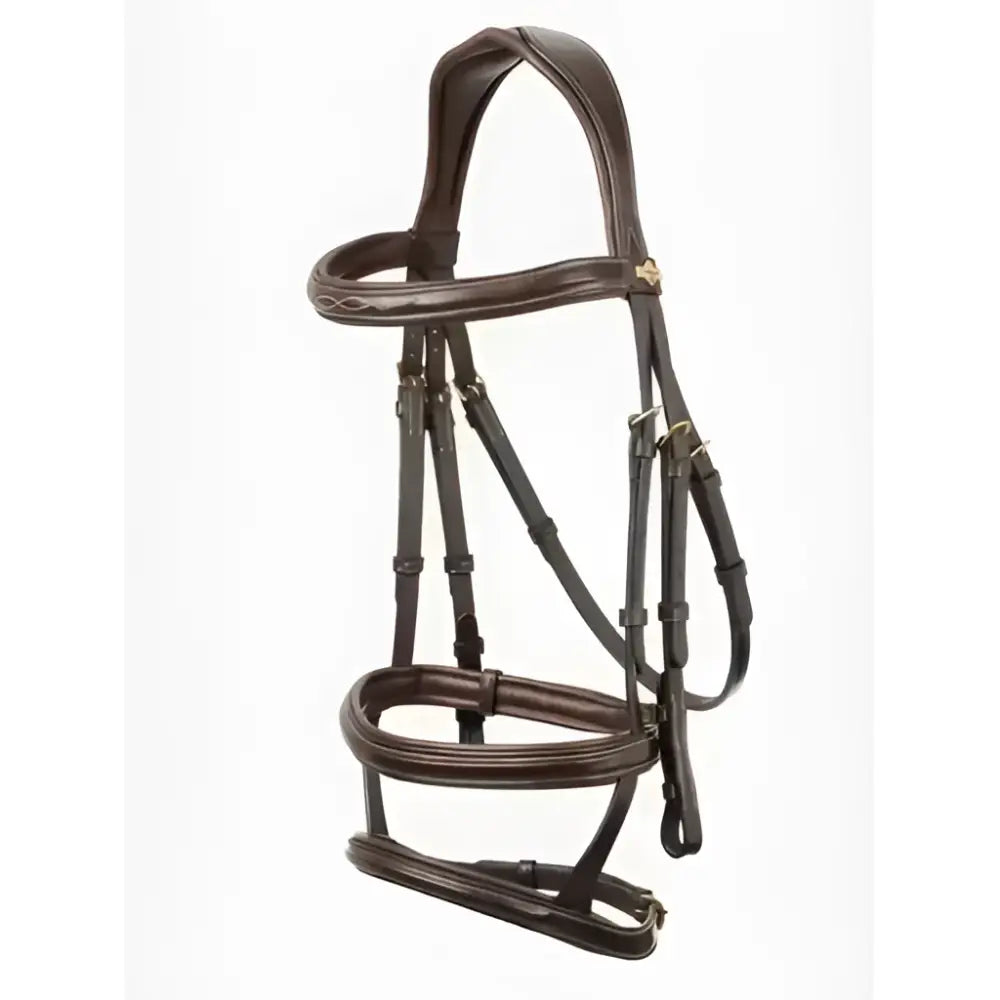 Brown leather lemieux kudos double noseband bridle in havana with stitched detailing and brass hardware