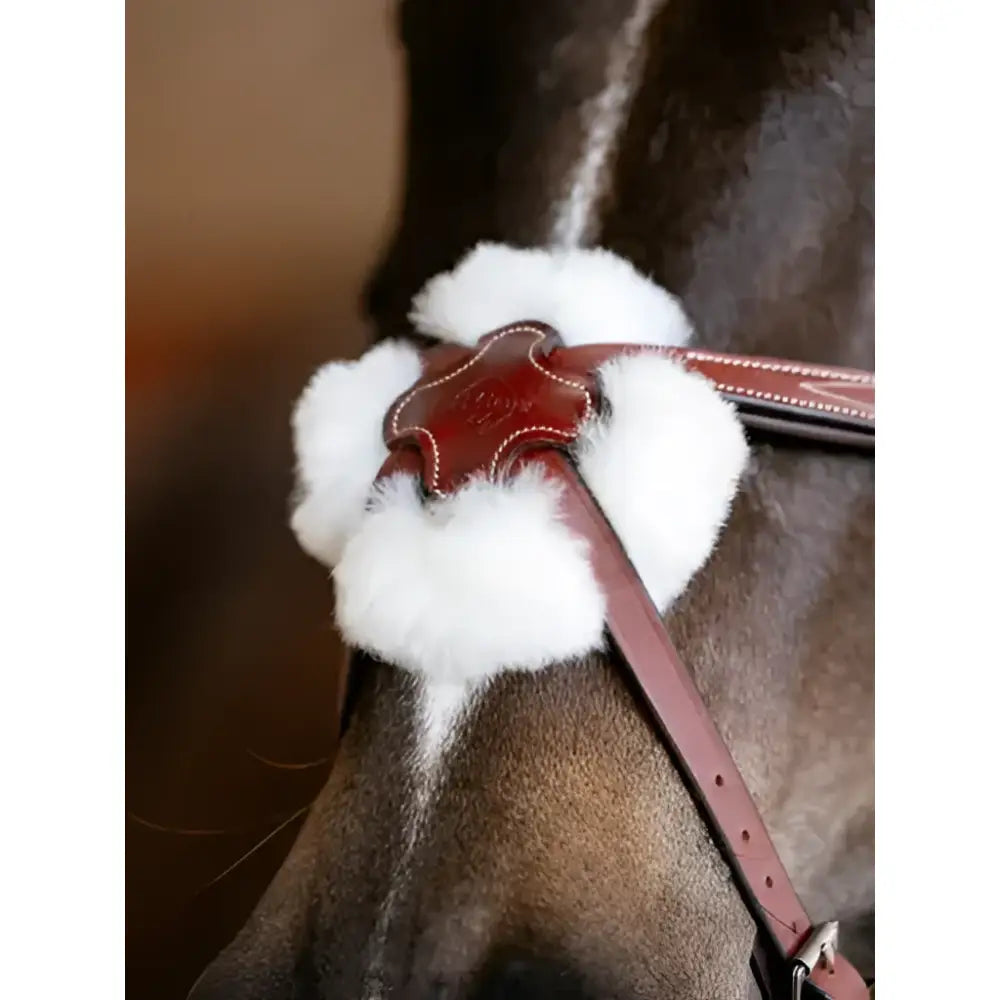 Brown leather lemieux kudos grackle bridle chestnut with white fur trim and stitched emblem detail