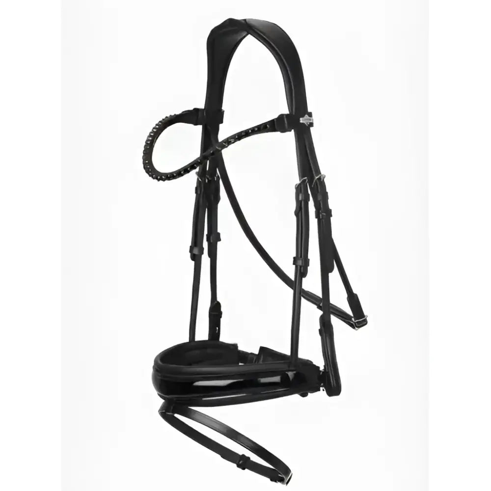 Black leather lemieux kudos patent dressage bridle with braided detailing and silver hardware premium pre-oiled italian