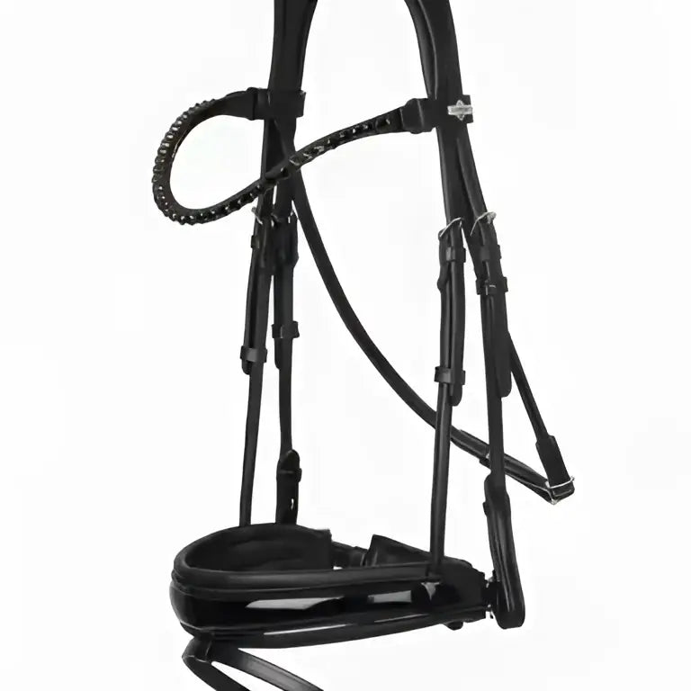 Black leather lemieux kudos patent rolled dressage bridle with braided straps silver hardware and padded headpiece