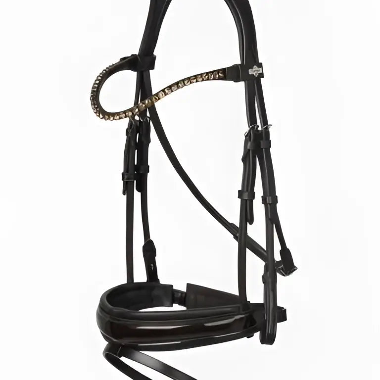 Black leather lemieux kudos patent rolled dressage bridle with anatomically shaped padded headpiece and gold stud browband
