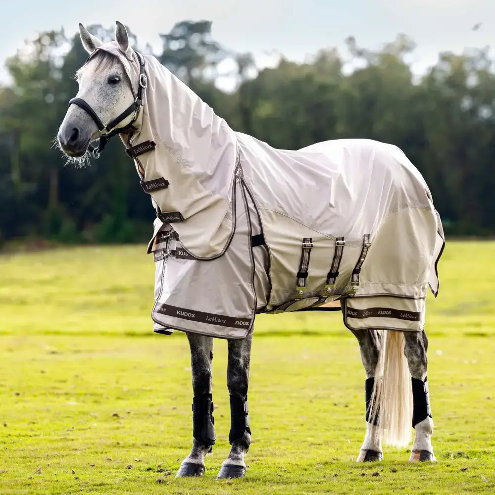 A white lemieux kudos shower sweet itch waterproof fly rug stone with black straps designed for comfort and protection