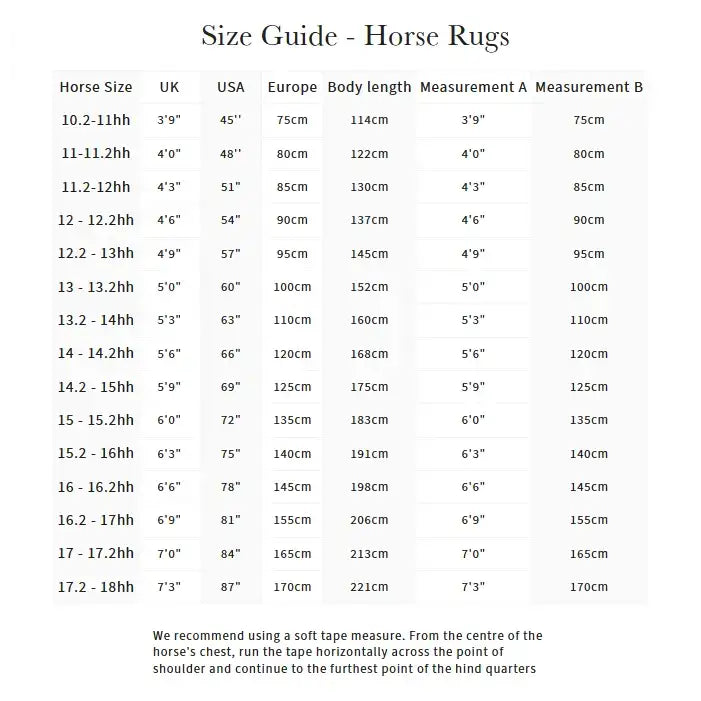 Size guide chart for lemieux kudos shower sweet itch waterproof fly rug stone showing measurements for horse rug sizes