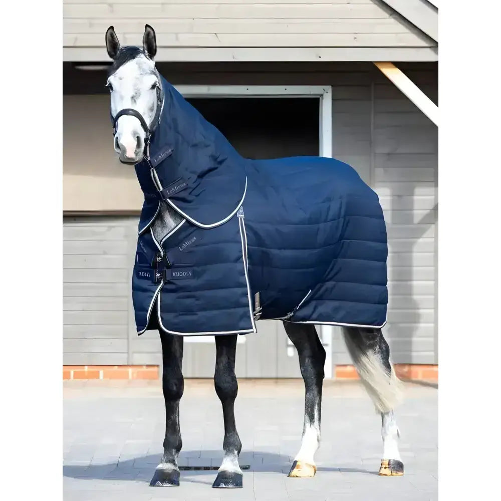 Navy blue quilted lemieux kudos stable neck cover with white trim and black buckles for stable use 50g