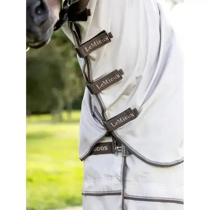 Light gray mesh lemieux kudos sweet itch rug with dark brown leather straps for sweet itch comfort