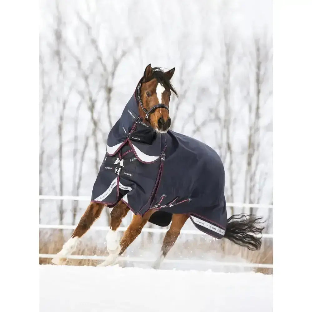 Dark navy lemieux kudos turnout rug 200g with white maroon trim and h logo on the chest designed for horses