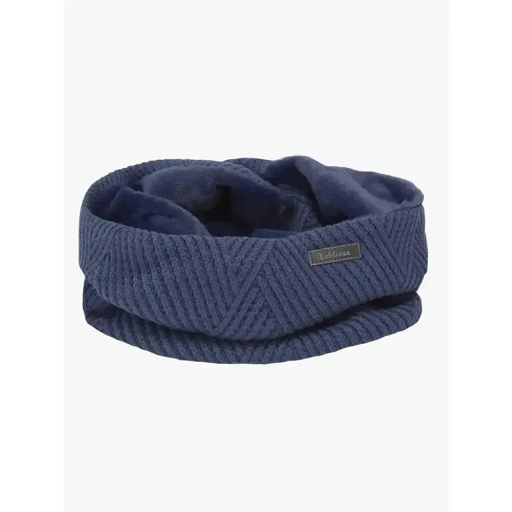 Navy blue lemieux layla snood headband with unique basket weave knit and ultra-soft micro-fleece lining and leather tag