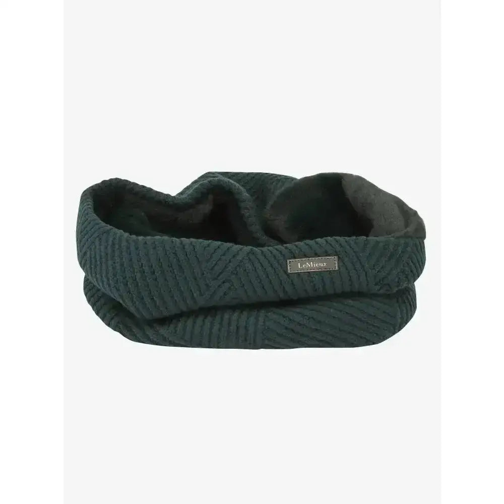 Dark green lemieux layla snood dog bed with plush black ultra-soft micro-fleece lining and unique basket weave knit