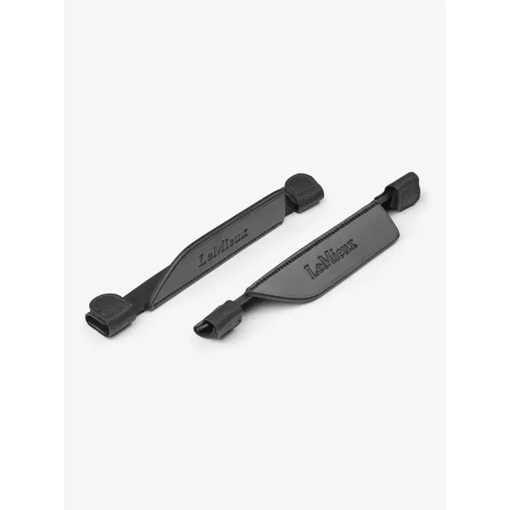Black leather lemieux leather bridle strap handles with stitched edges and molded plastic ends for bridle blinkers black