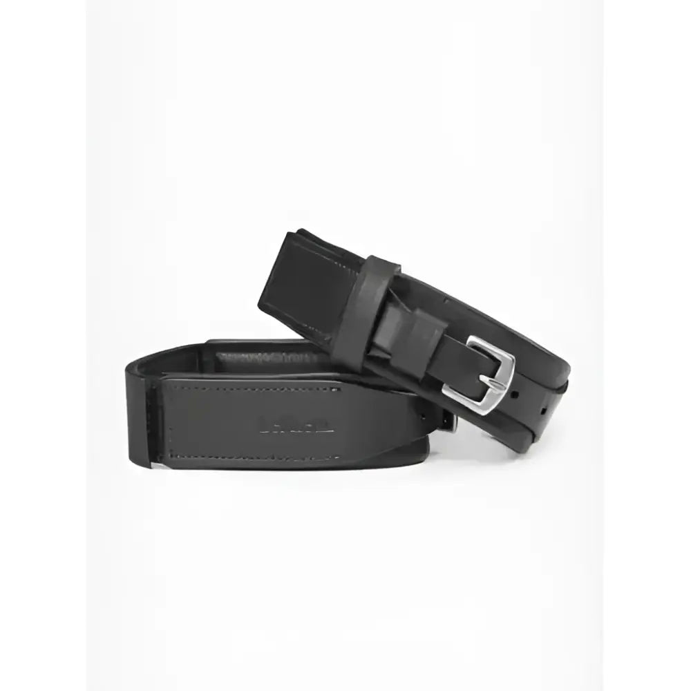 Black lemieux leather garter straps with silver buckle and embossed logo designed for largest circumference use