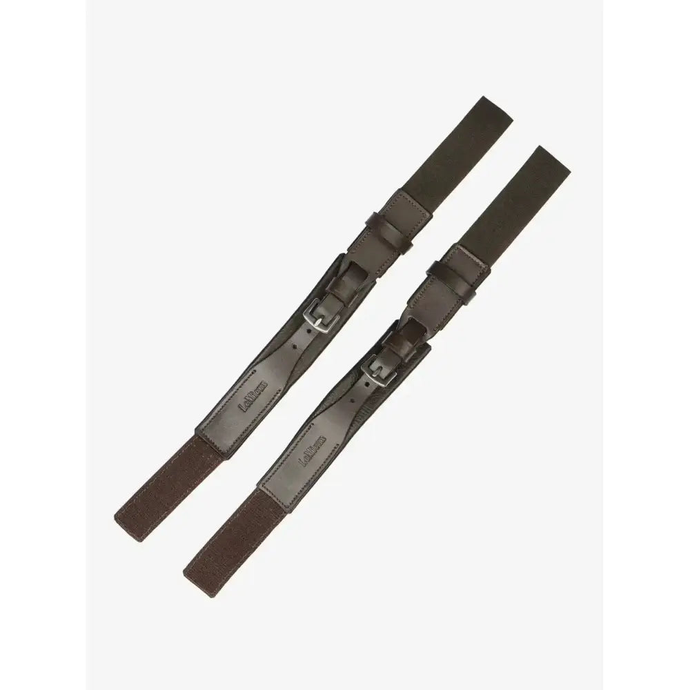 Dark brown leather garter straps with silver buckles and embossed lemieux leather garter branding for largest circumference