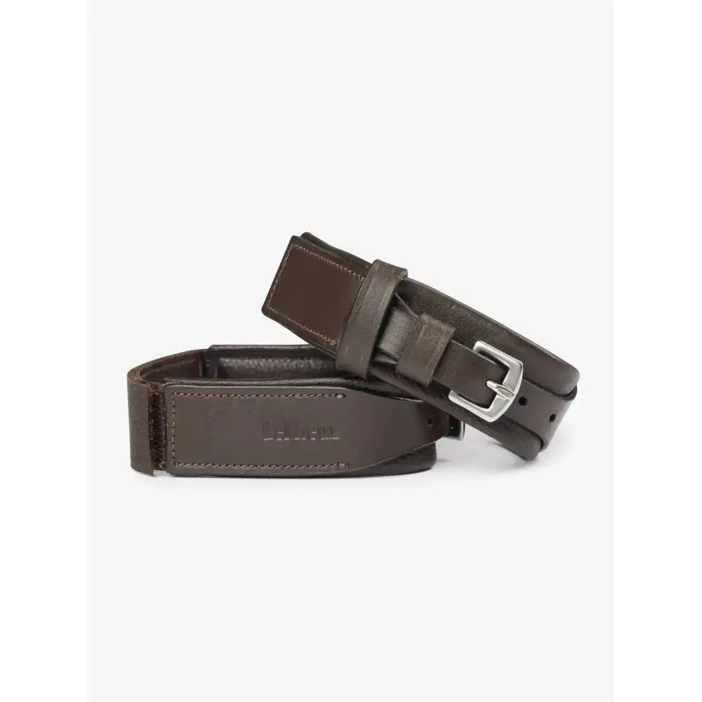 Lemieux leather garter straps brown featuring a dark brown leather belt with silver buckle and visible stitching for largest circumference