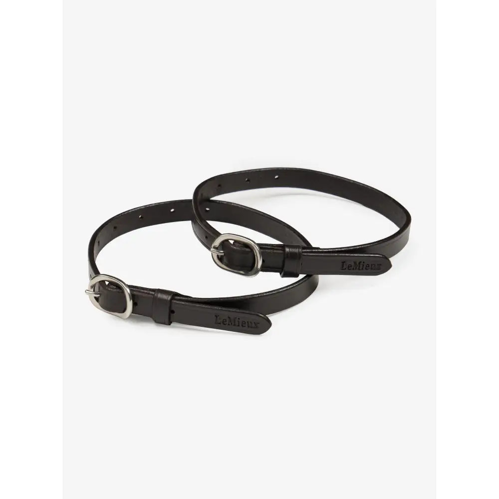 Black leather lemieux spur straps with silver buckles embossed logo perfect for horse riding boots and wipe-clean rubber spur