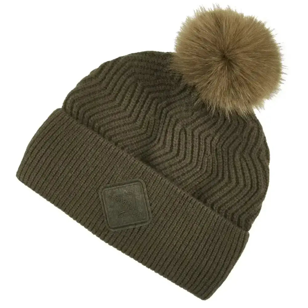 Olive green ribbed knit lemieux lila beanie with tan faux fur pom pom and leather patch on cuff alpine style