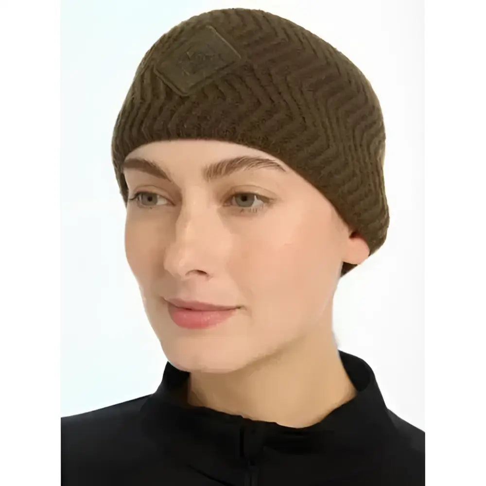 Knitted olive green lemieux lila headband alpine with herringbone texture and diamond embroidery detail on front