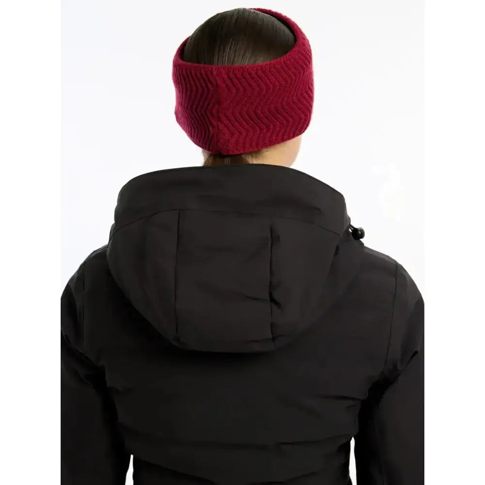A vibrant red lemieux lila headband ember with a textured herringbone knit pattern perfect as a faux fur headband alternative