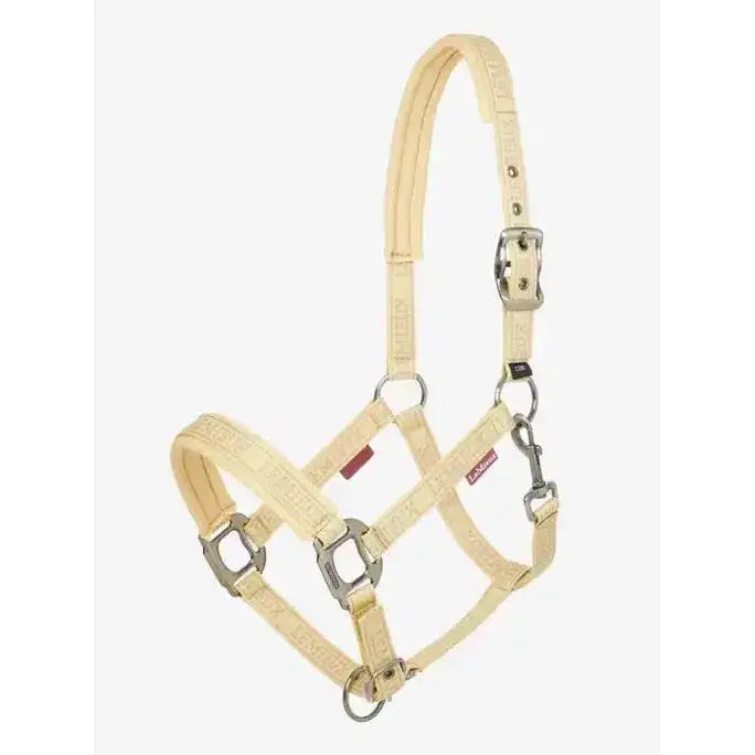 Beige leather lemieux logo headcollar mimosa with silver hardware and embossed branding for horses