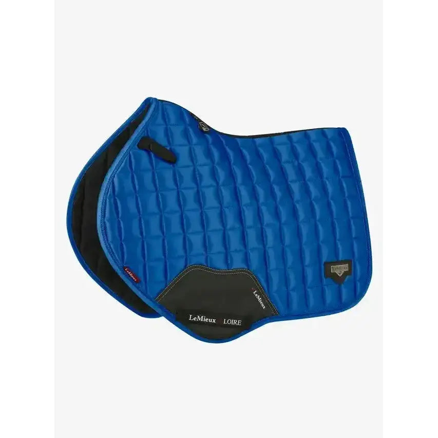 Blue quilted close contact square saddle pad with black accents and lemieux loire classic benetton label