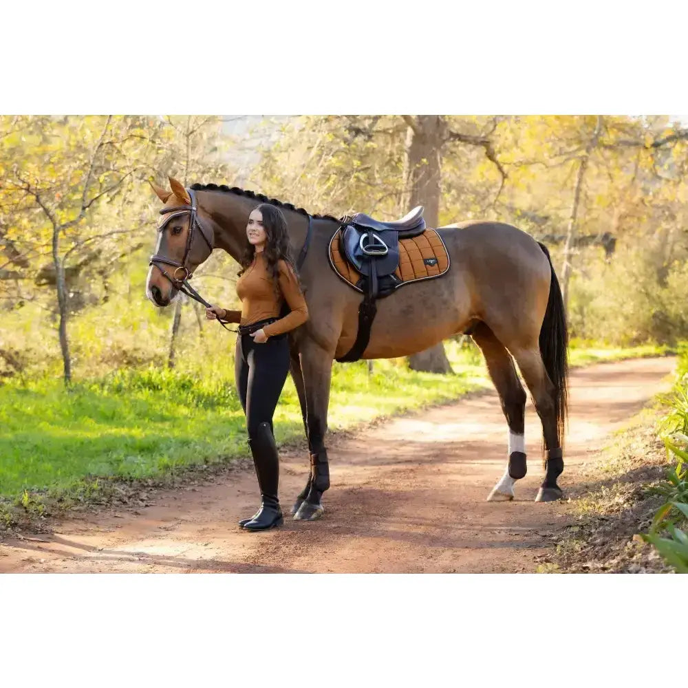 Brown horse wearing a black and tan saddle blanket from the lemieux loire classic collection standing on a dirt path