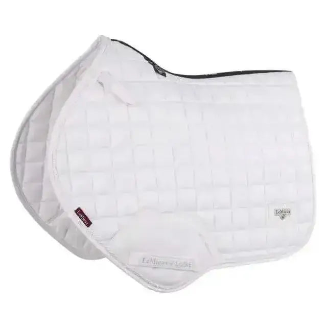 White quilted lemieux loire classic close contact square saddle pad with black trim and embroidered logos